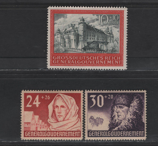 Lot 135 Poland - German Occupation SC#NB6-NB7, NB41b 24g+26g - 10z+10z Copper Red - Carmine & Greenish Black Figures & Castle, 1940-1944 Semi Postal Issues, 3 VFOG Singles