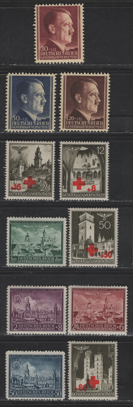 Lot 136 Poland - German Occupation SC#NB1-NB4, NB12-NB19 12g+8g - 1z+1z Olive Gray - Deep Green Figures & Views, 1940-1942 Semi Postal Overprinted - 600th Anniv of Lublin Issues, 12 VFOG Singles