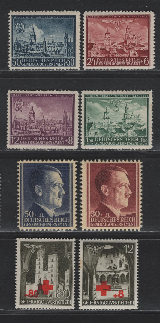 Lot 137 Poland - German Occupation SC#NB12-NB13, NB1, NB4, NB15-NB16 12g+8g - 1z+1z Olive Gray - Deep Green Figures & Views, 1940-1942 Semi Postal Overprinted - 600th Anniv of Lublin Issues, 8 F/VFNH Singles