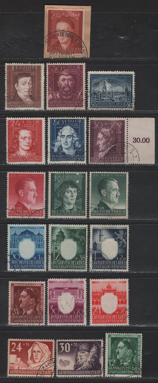 Lot 138 Poland - German Occupation SC#NB6-NB7, NB17, NB20-NB21, NB23, NB37-NB40, NB28-NB34 24g+26g - 24g+1z Copper Red - Brown Red Figures, 1940-1944 1st Anniv of General Government - Hitler's 55th Birthday Issues, 19 Fine/Very Fine Used Singles