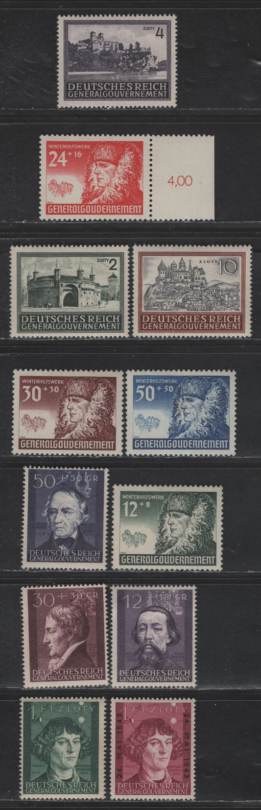 Lot 139 Poland - German Occupation SC#N100-N101, N103, NB8-NB11, NB19, NB21-NB23,NB27 2z - 1z+1z Slate Gren - Rose Lake Monastary Views & Castles - Copernicus, 1943 Pictorial Issues, 12 F/VFOG Singles