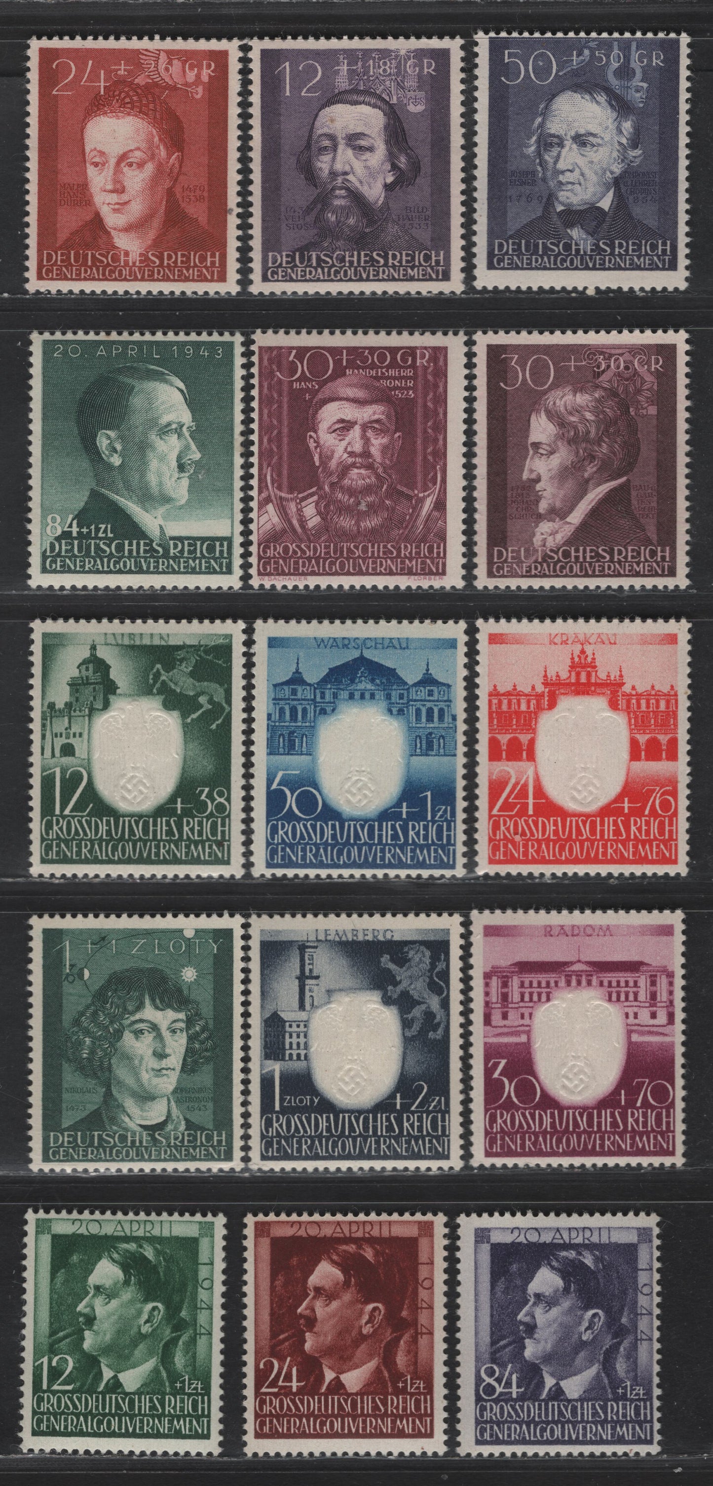 Lot 140 Poland - German Occupation SC#NB19-NB23, NB26, NB28, NB35, NB38 12g+18g - 30g+30g Dull Purple - Rose Violet Figures, 1942-1944 Portraits Issues, 15 F/VFNH Singles