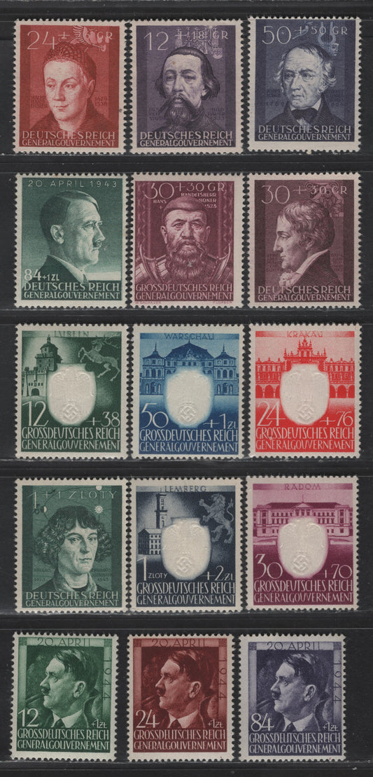 Lot 140 Poland - German Occupation SC#NB19-NB23, NB26, NB28, NB35, NB38 12g+18g - 30g+30g Dull Purple - Rose Violet Figures, 1942-1944 Portraits Issues, 15 F/VFNH Singles
