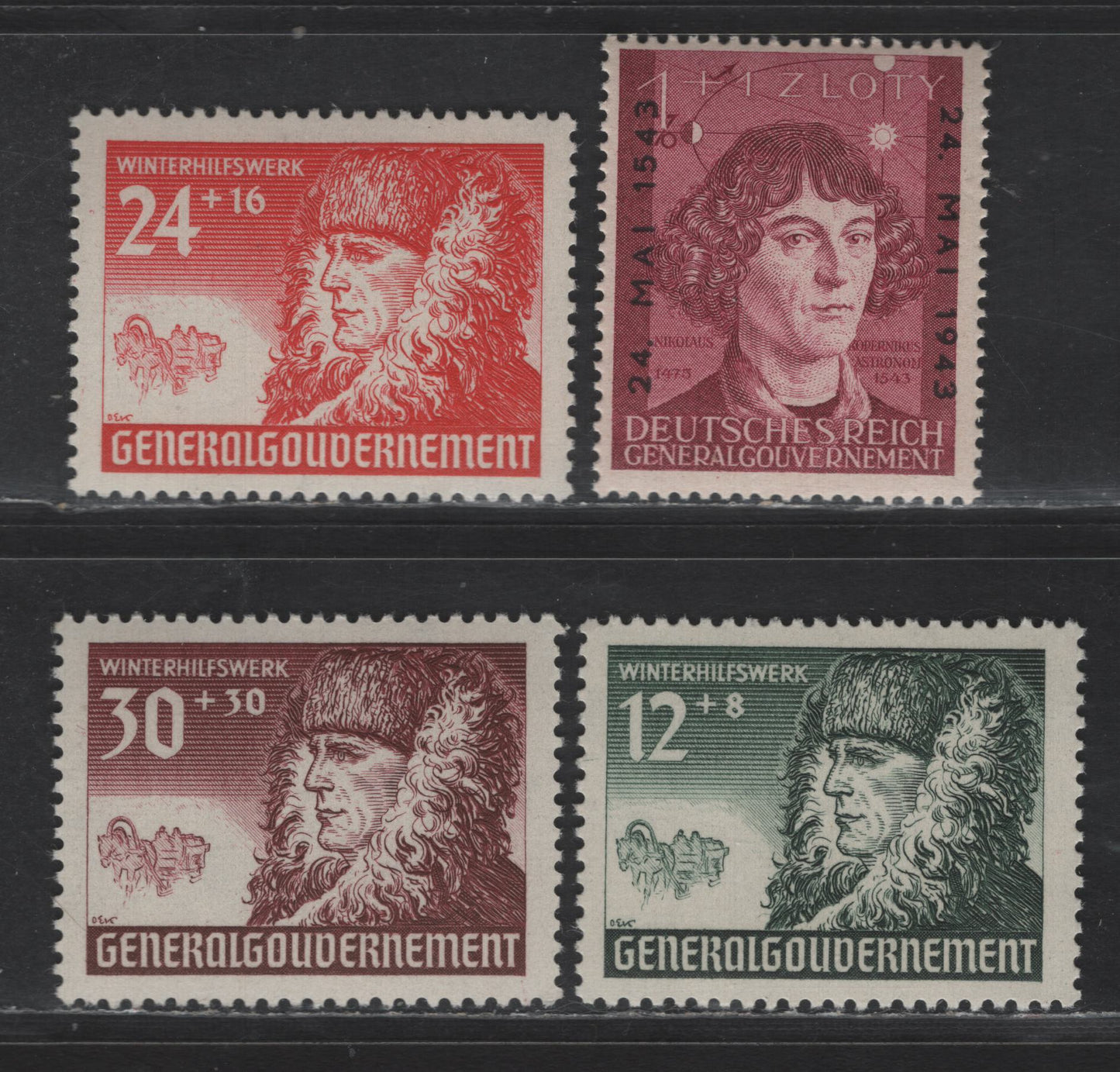 Lot 141 Poland - German Occupation SC#NB8-NB10, NB27 12g+8g - 1z+1z Dark Green -Rose Lake War Relief - Copernicus, 1940-1943 War Relief Semi Postals - Copernicus Issues, 4 F/VFNH Singles