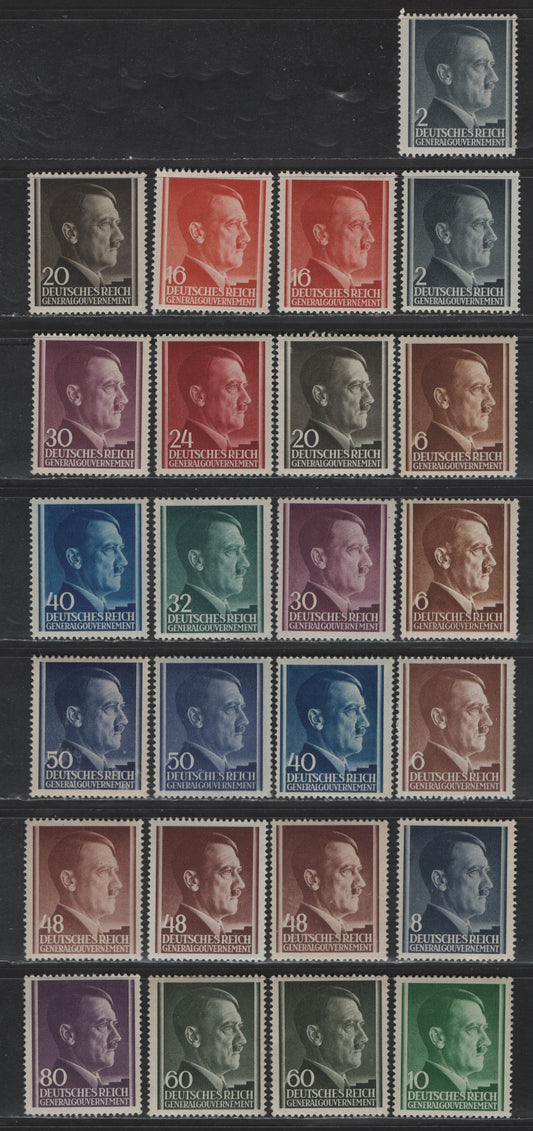 Lot 143 Poland - German Occupation SC#N76-N79, N81-N90 2g - 80g Gray Black - Dark Violet Hitler, 1941-1943 Photogravure Hitler Head Issue, 25 F/VFOG Singles, Shade & Portrait Varieties, Some Show More Contrast Than Others
