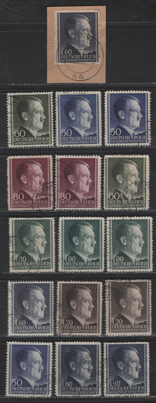 Lot 146 Poland - German Occupation SC#N91-N96a 50g - 1.60z Violet Blue - Blue Violet Hitler, 1941-1943 Engraved Hitler Head Issue, 16 Fine/Very Fine Used Singles