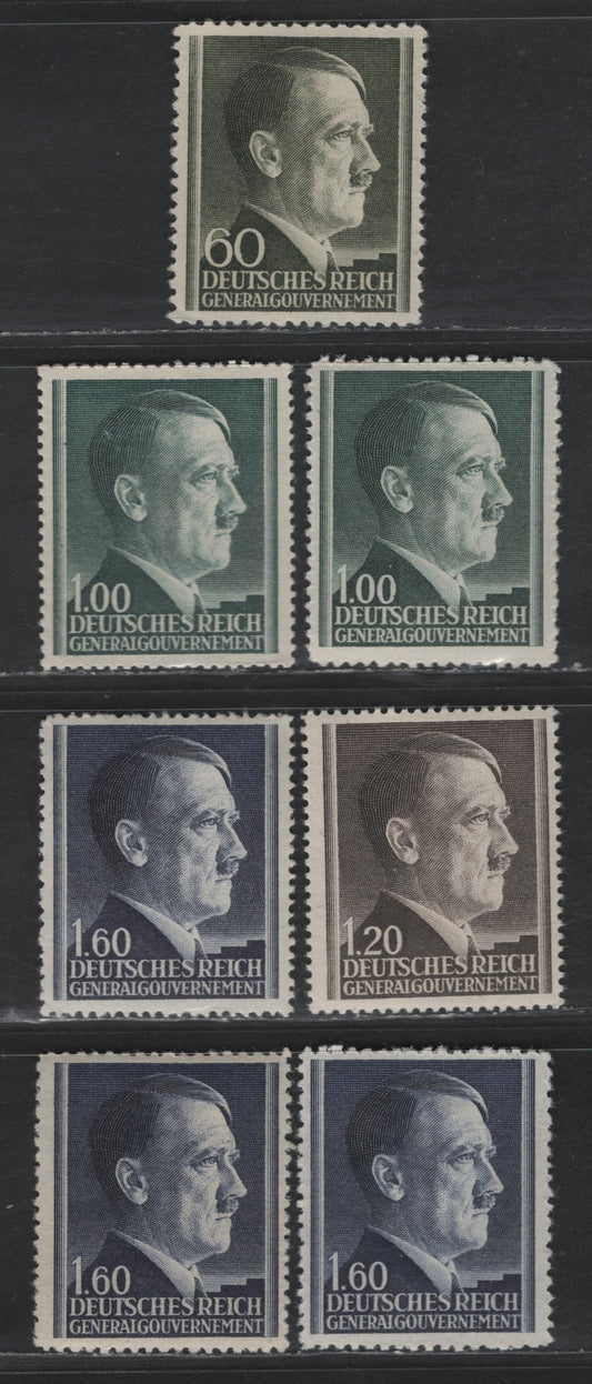 Lot 147 Poland - German Occupation SC#N92, N94-a, N95a, N96-a 60g - 1.60z OliveGreen - Blue Green Hitler, 1942-1944 Engraved Hitler Head Issue, 6 VFOG Singles