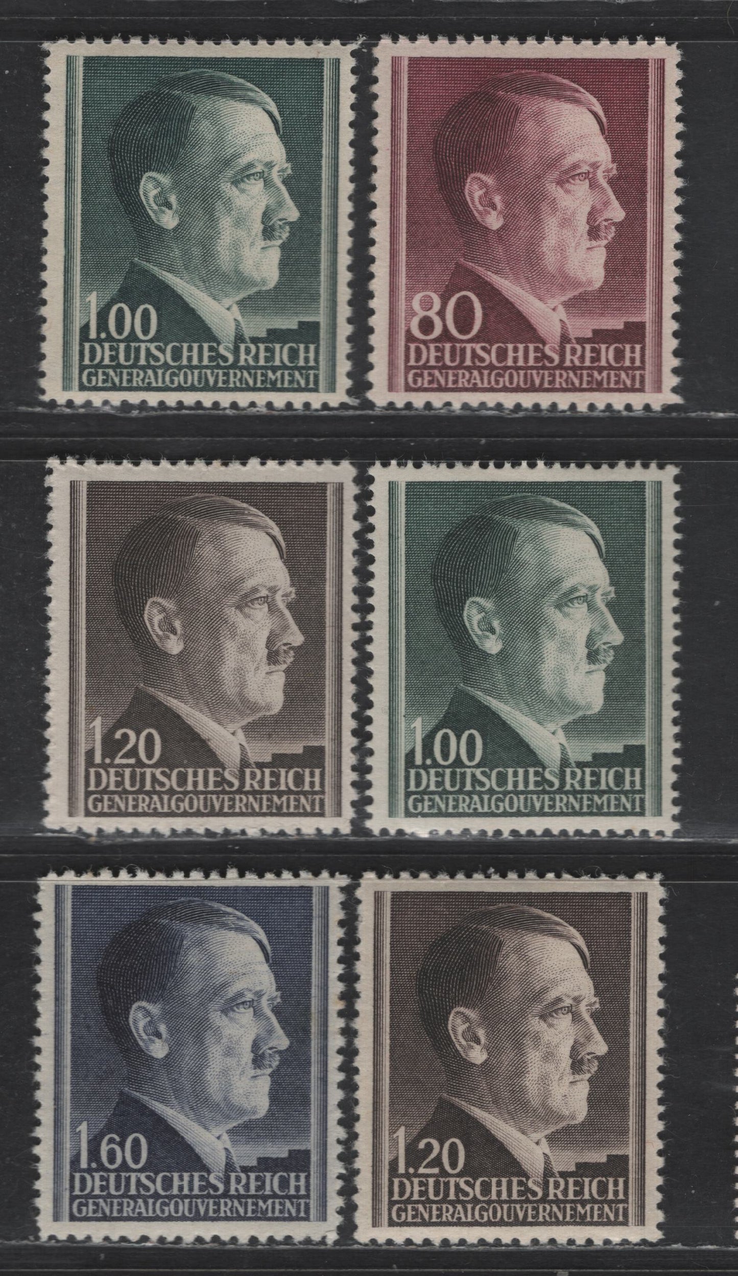 Lot 148 Poland - German Occupation SC#N93, N94-a, N95-a, N96 80g - 1.60z Dark Red Violet - Blue Violet Hitler, 1942-1944 Engraved Hitler Head Issue, 6 F/VFNH Singles