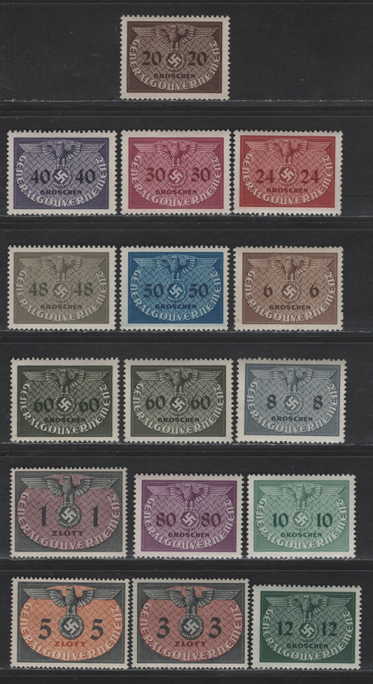 Lot 151 Poland - German Occupation SC#NO1-NO15 6g - 5z Light Brown - Gray Black & Orange Brown Eagle & Swastika, 1940 Eagle & Swastika Official Issue, 16 F/VFOG Singles, 2 Shades Of 60g Olive Green