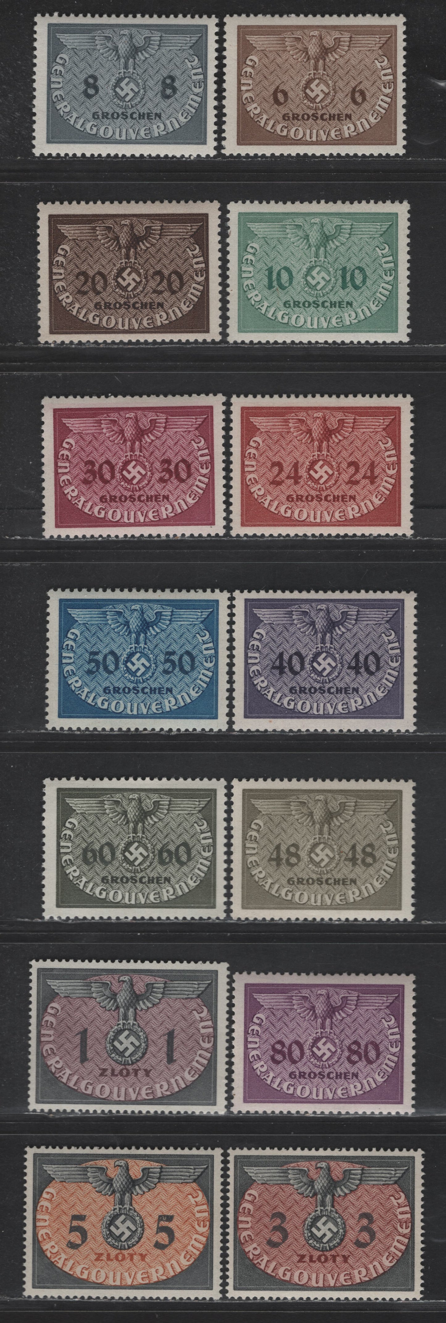 Lot 152 Poland - German Occupation SC#NO1-NO3, NO5-NO15 6g - 5z Light Brown - Gray Black & Orange Brown Eagle & Swastika, 1940 Eagle & Swastika Official Issue, 14 VFOG Singles