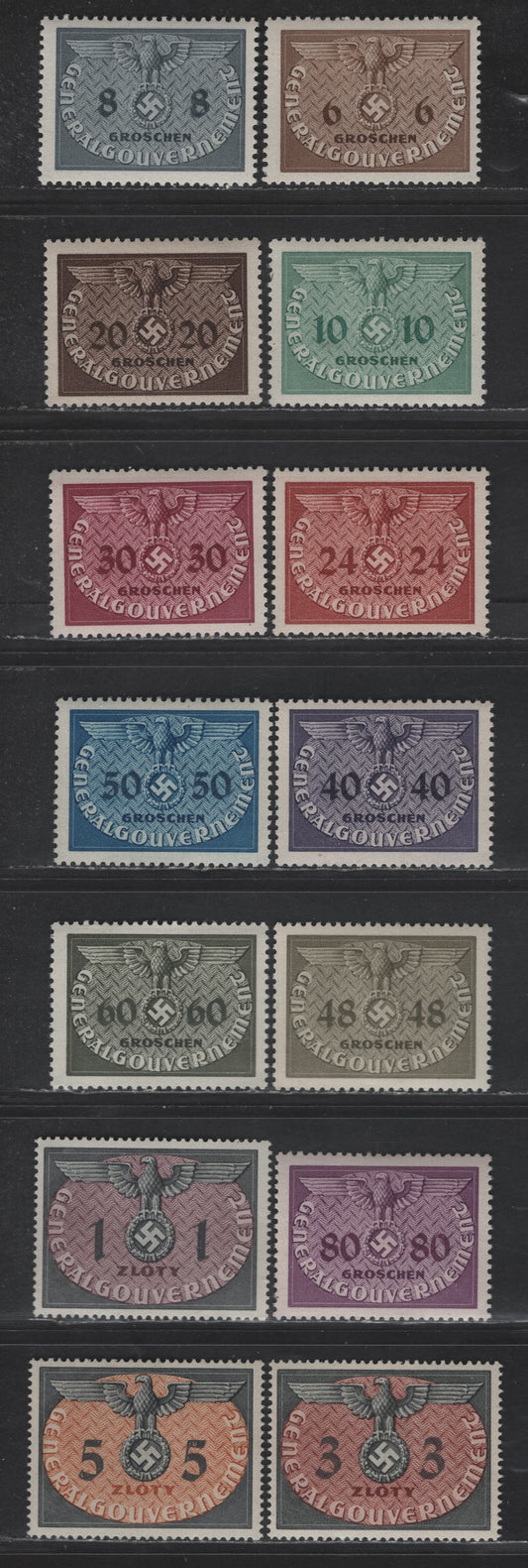 Lot 152 Poland - German Occupation SC#NO1-NO3, NO5-NO15 6g - 5z Light Brown - Gray Black & Orange Brown Eagle & Swastika, 1940 Eagle & Swastika Official Issue, 14 VFOG Singles