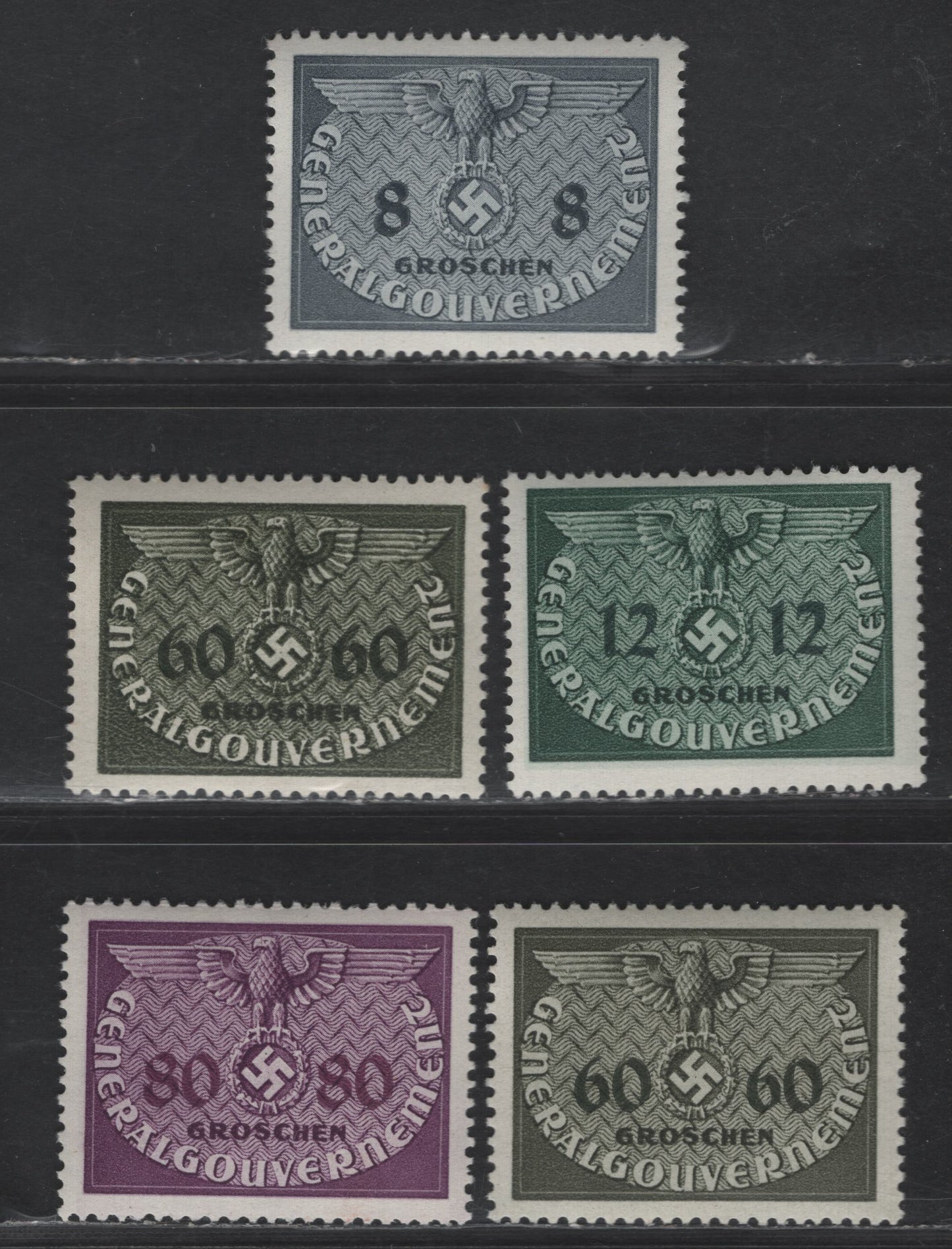 Lot 153 Poland - German Occupation SC#NO2, NO4, NO11-NO12 8g - 80g Gray - Rose Violet Eagle & Swastika, 1940 Eagle & Swastika Official Issue, 5 F/VFNH Singles