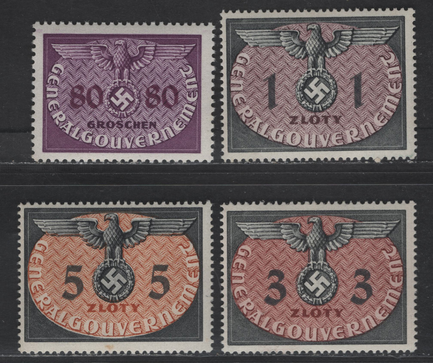 Lot 154 Poland - German Occupation SC#NO12-NO15 80g - 5z Rose Violet - Gray Black & Orange Brown Eagle & Swastika, 1940 Eagle & Swastika Official Issue, 4 F/VFNH Singles