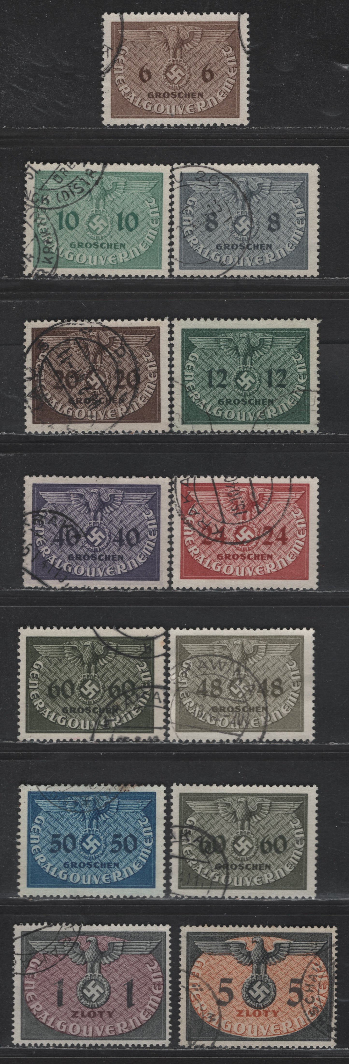Lot 155 Poland - German Occupation SC#NO1-NO6, NO8-NO11, NO13, NO15 6g - 5z Light Brown - Gray Black & Orange Brown Eagle & Swastika, 1940 Eagle & Swastika Official Issue, 12 Very Fine Used Singles, Postally Used With Good Cancels