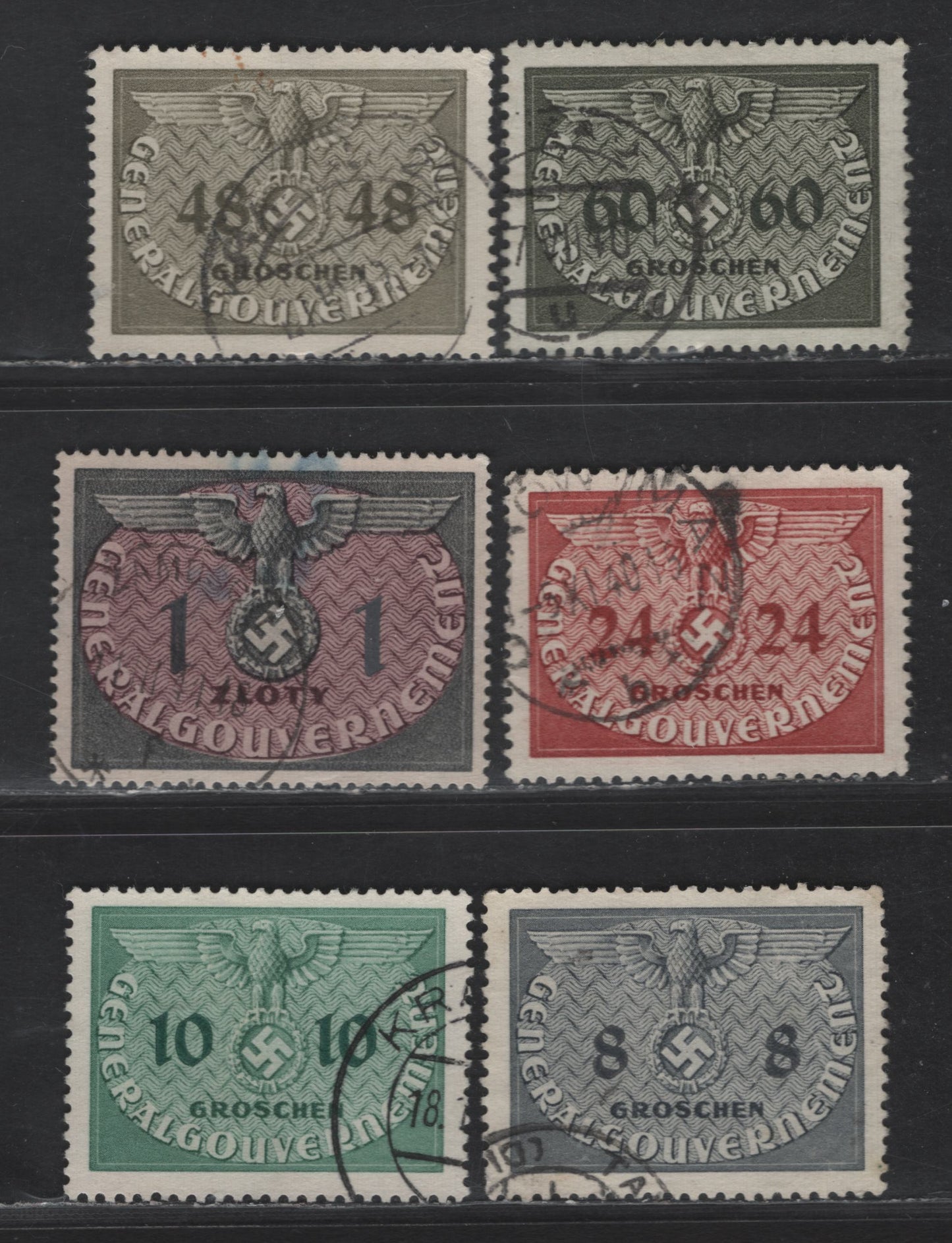 Lot 156 Poland - German Occupation SC#NO2-NO3, NO6, NO9, NO11, NO13 8g - 1z Gray - Gray Black & Brown Violet Eagle & Swastika, 1940 Large Format Eagle & Swastika Official Issue, 6 Very Fine Used Singles