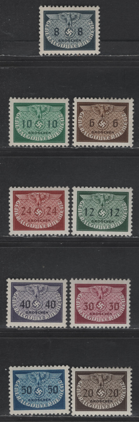 Lot 158 Poland - German Occupation SC#NO17-NO24 6g - 50g Brown - Royal Blue Eagle & Swastika, 1940 Small Sized Eagle & Swastika Official Issue, 9 VFOG Singles
