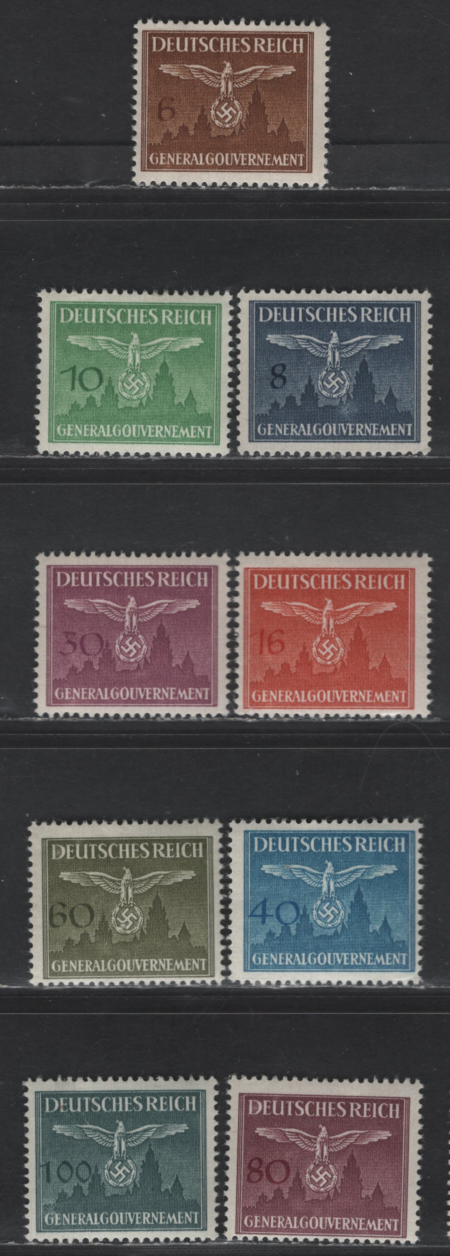 Lot 159 Poland - German Occupation SC#NO25-NO27, NO29, NO32-NO36 6g - 100g Brown - Slate Black Eagle & Swastika, 1943 Nazi Emblem & Cracow Castle Official Issue, 9 F/VFNH Singles, All NH Except 80g