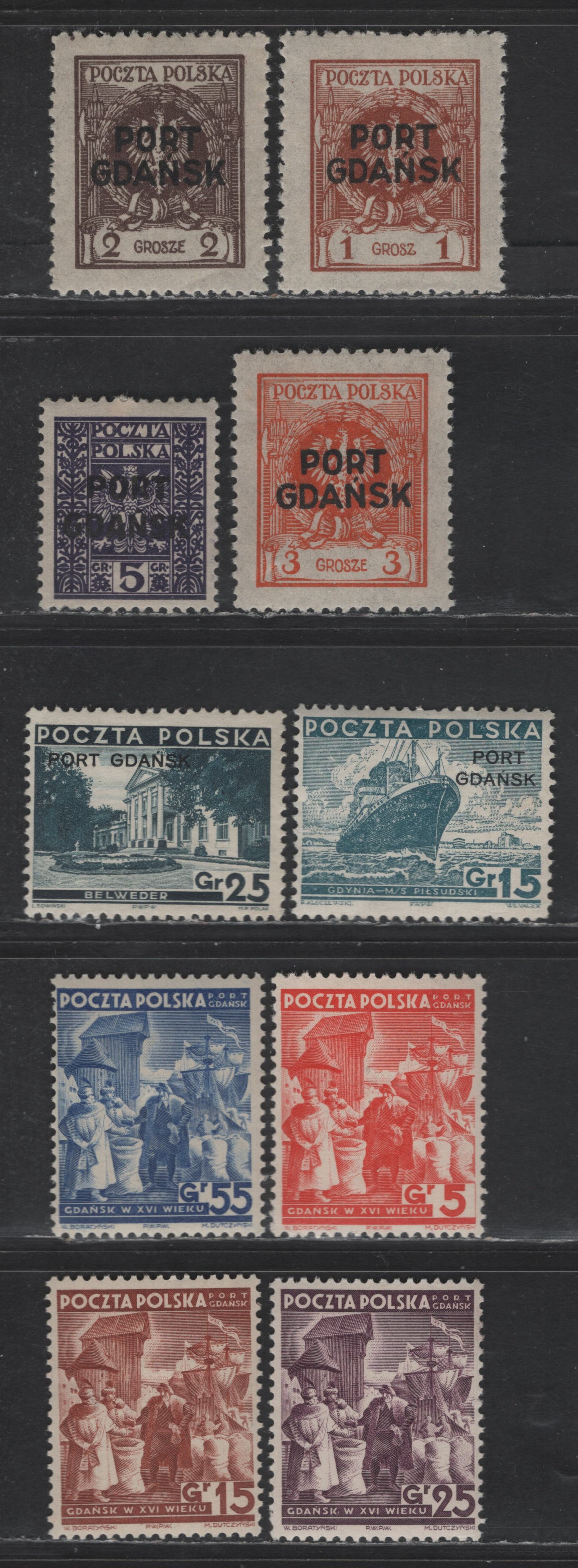 Lot 161 Polish Offices Abroad SC#1K1-1K3, 1K20, 1K29-1K30 - 1K33-1K36 1g - 55g Orange Brown - Ultramarine Polish Offices In Danzig, 1925-1938 Offices In Danzig Issue, 10 F/VFOG Singles, Small Thin On 1K34, So Not Counted