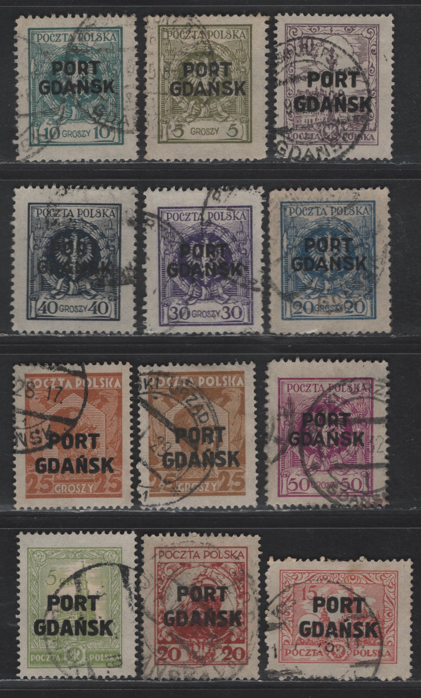 Lot 162 Polish Offices Abroad SC#1K4-1K5, 1K7, 1K9-1K11, 1K14-1K18 5g - 25g Olive Green - Yellow Brown Polish Offices In Danzig, 1923-1930 Offices In Danzig Issue, 12 Very Fine Used Singles, 2 Shades Of 25g