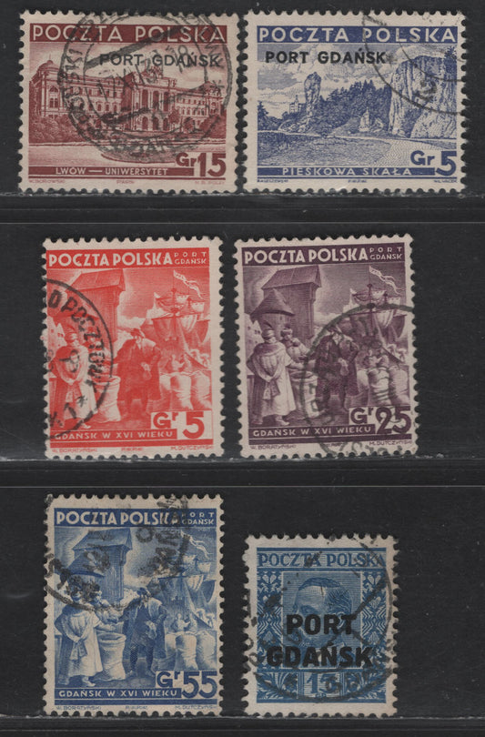 Lot 165 Polish Offices Abroad SC#1K28, 1K32-1K33, 1K23, 1k35-1K36 5g Violet Blue - Red Orange Dog Cliff - Merchants Selling Wheat, 1935-1938 Offices In Danzig Issue, 6 Fine/Very Fine Used Singles
