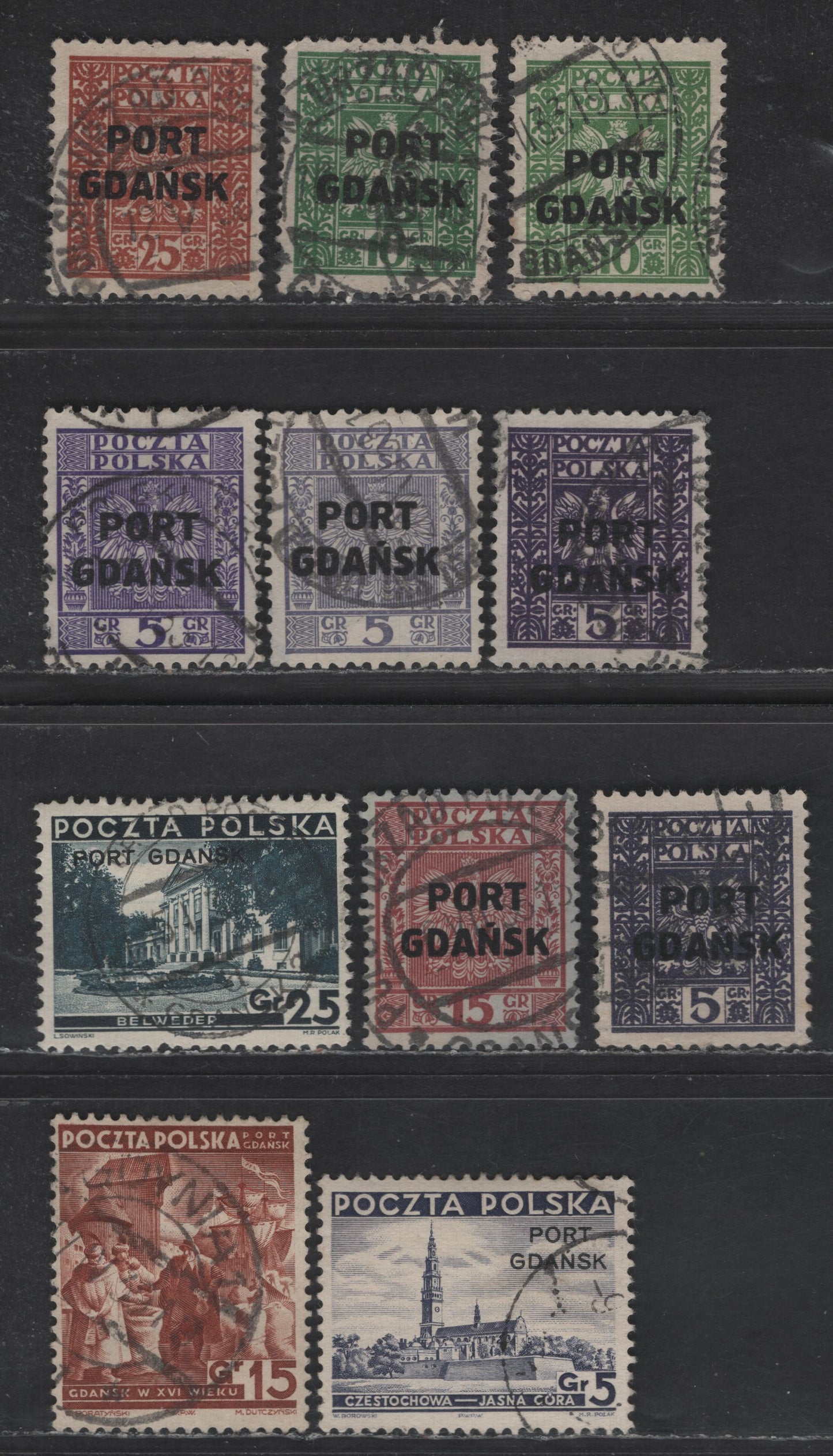 Lot 166 Polish Offices Abroad SC#1K20-1K22, 1K25-1K27, 1K30-1K31, 1K34 5g - 15g Dark Violet - Red Brown Arms - Polish Merchants, 1929-1938 Port Gdansk Overprinted Issues, 9 Fine/Very Fine Used Singles