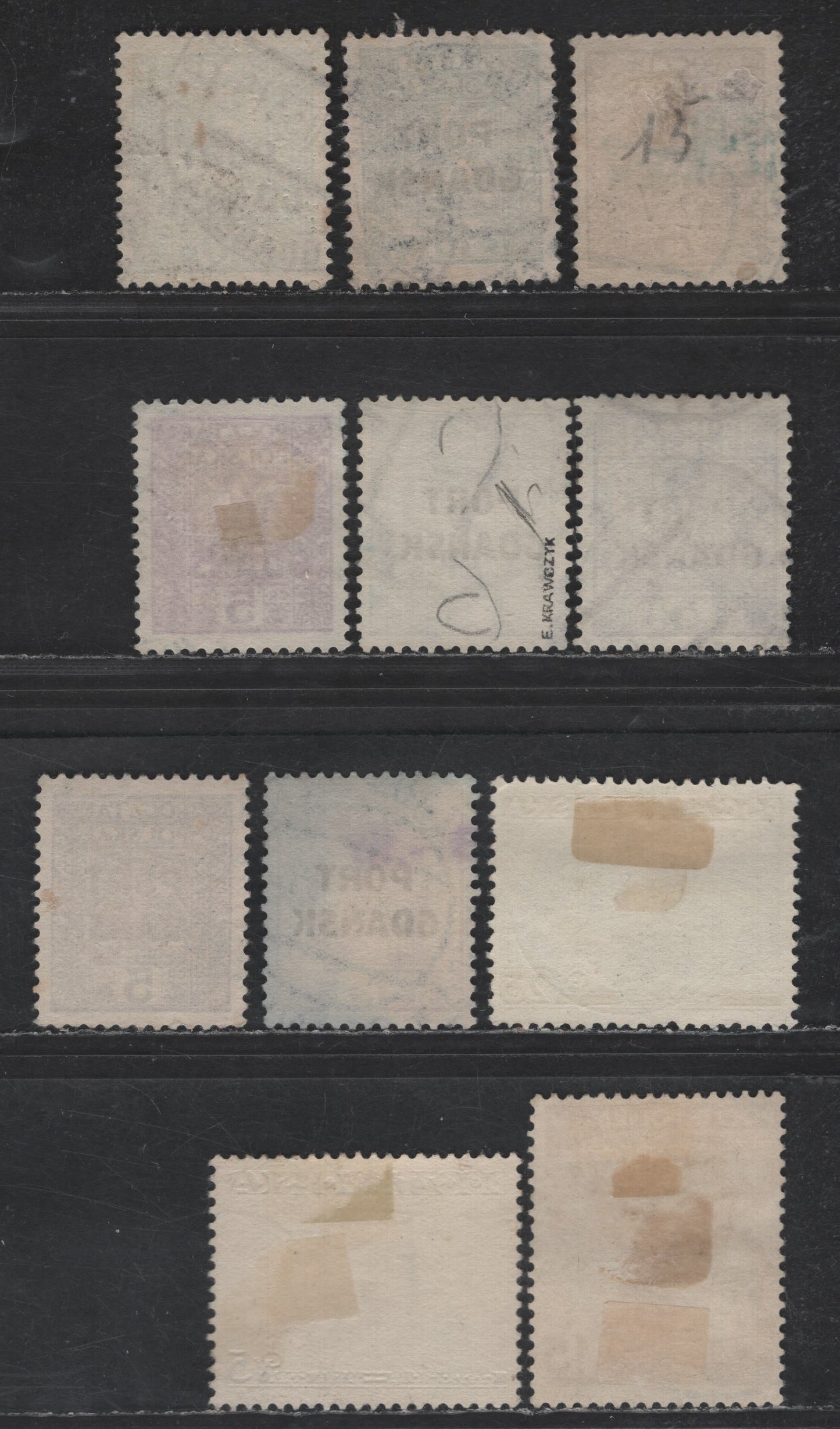 Lot 166 Polish Offices Abroad SC#1K20-1K22, 1K25-1K27, 1K30-1K31, 1K34 5g - 15g Dark Violet - Red Brown Arms - Polish Merchants, 1929-1938 Port Gdansk Overprinted Issues, 9 Fine/Very Fine Used Singles