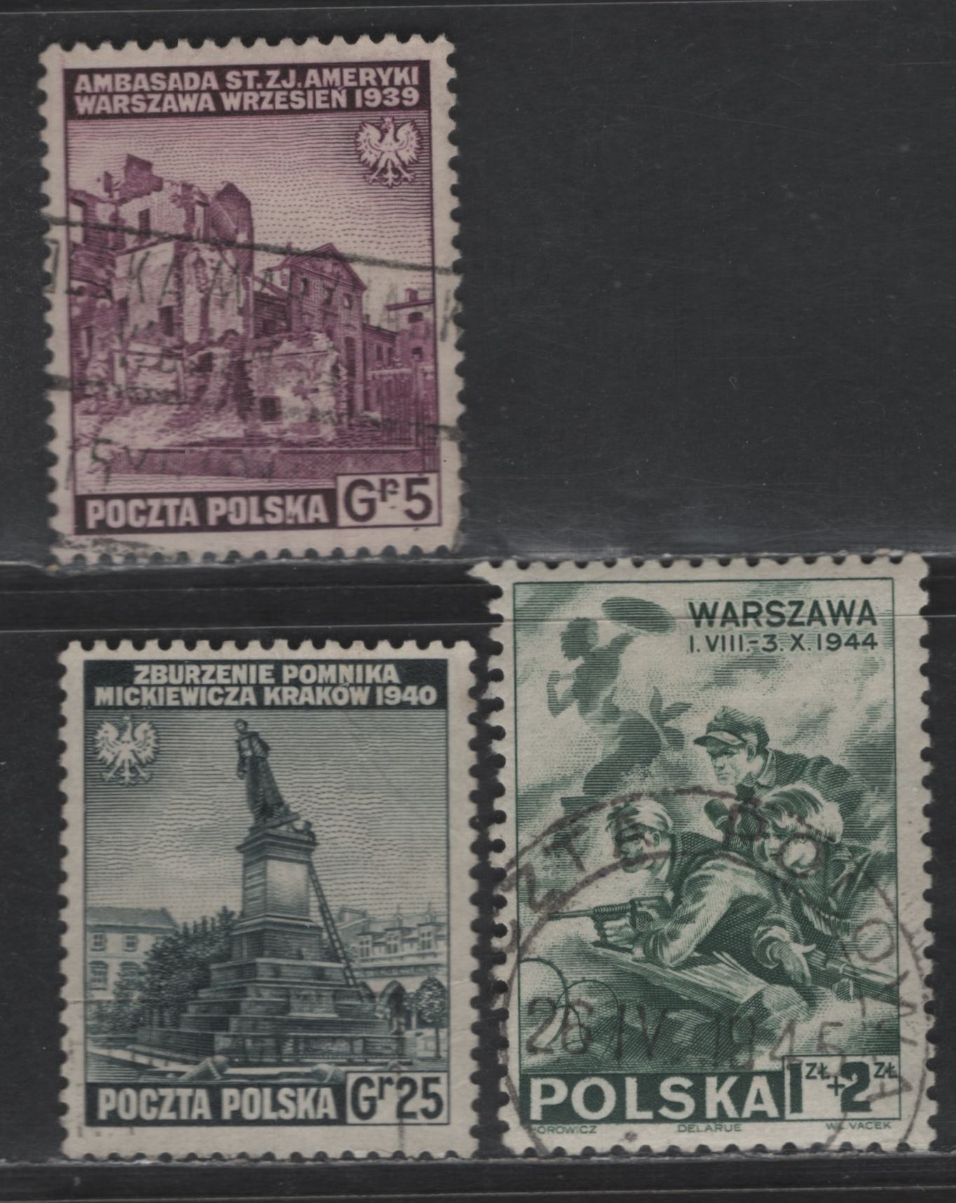 Lot 168 Poland SC#3K1, 3K3, 3KB1 5g - 1z+2z Rose Violet - Slate Green Armored Tank - Heroic Defenders of Warsaw, 1941-1943 Exile Gov't In Great Britain Issues, 3 Fine/Very Fine Used Singles, Semi Postal Is CTO