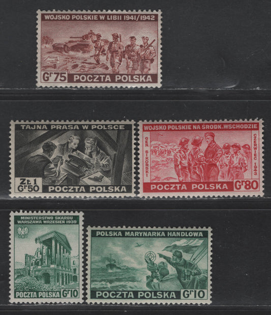 Lot 169 Poland SC#3K2, 3K10, 3K13-3K14, 3K16 10g - 1.50z Olive Green - Black Polish Planes - Secret Press In Poland, 1941-1943 Exile Gov't In Great Britain Issues, 5 VFOG Singles