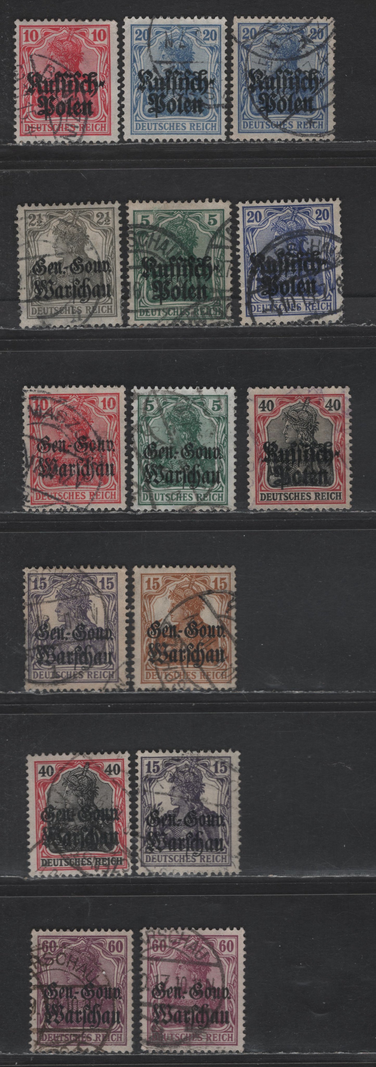 Lot 172 Poland SC#N2-N6, N8-N12, N15-N16 5pf - 60pf Green - Magenta Portraits, 1915-1917 German Occupation & General Government Issues, 12 Fine/Very Fine Used Singles