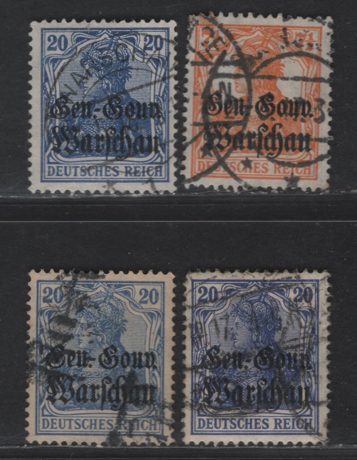 Lot 177 Poland MI#9a, 13a (SC# N9, N13) 7.5pf - 20pf Lively Orange - Lilac Ultramarine & Deep Ultramarine Portrait, 1916-1917 General Government Overprinted Issue, 4 Very Fine Used Singles