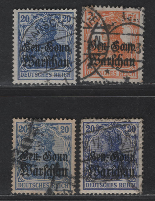 Lot 177 Poland MI#9a, 13a (SC# N9, N13) 7.5pf - 20pf Lively Orange - Lilac Ultramarine & Deep Ultramarine Portrait, 1916-1917 General Government Overprinted Issue, 4 Very Fine Used Singles