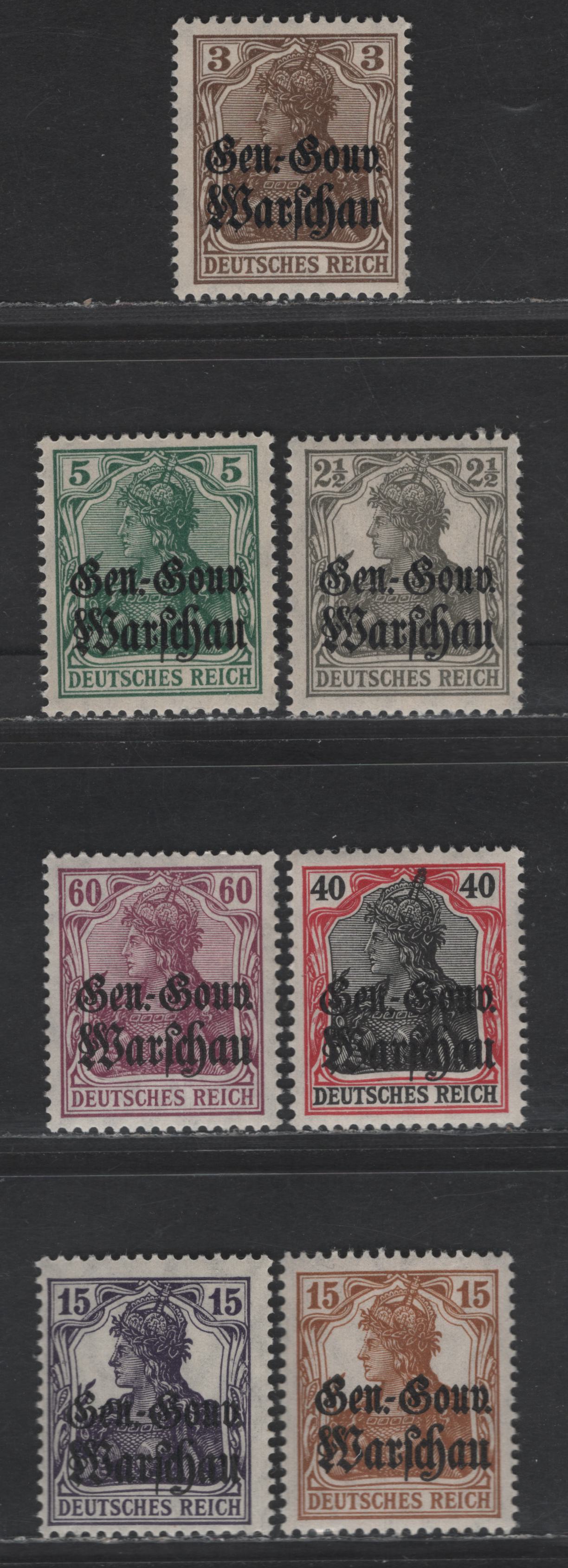 Lot 180 Poland SC#N6-N8, N11-N12, N15-N16 2.5pf - 40pf Gray - Lake & Black Portrait, 1916-1917 General Government Overprinted Issue, 7 F/VFNH Singles