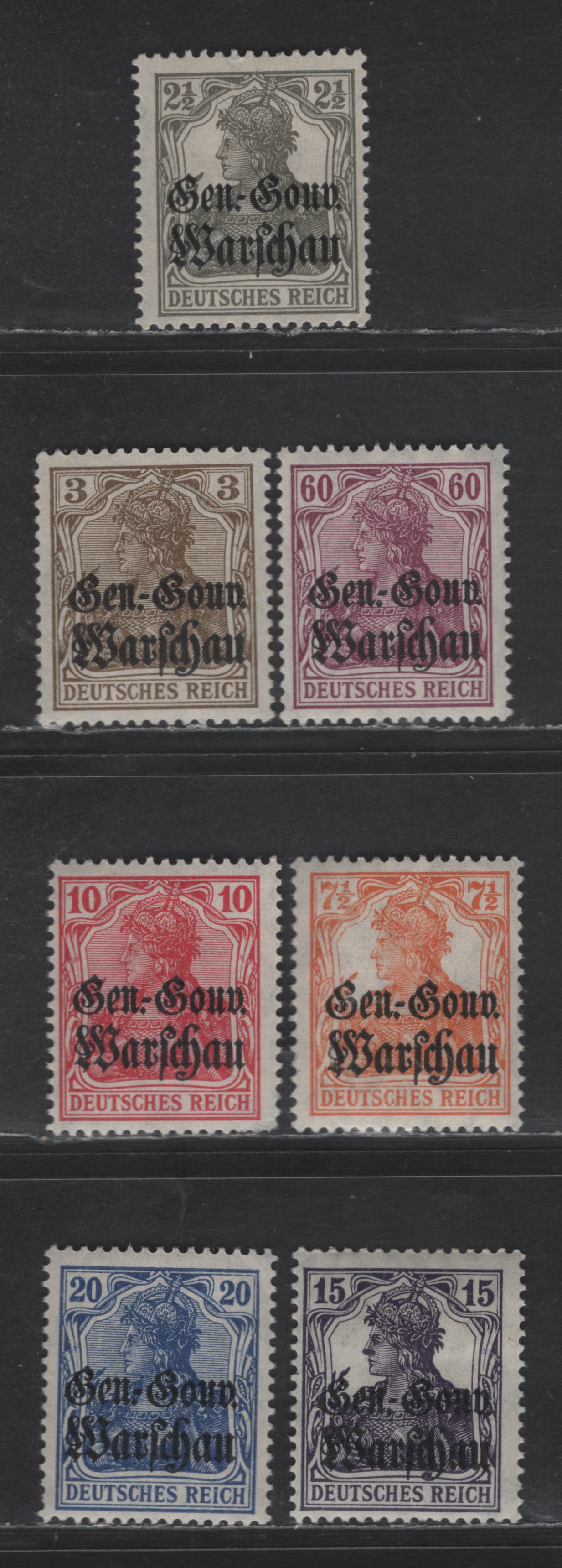 Lot 181 Poland SC#N6-N7, N9-N10, N12-N13, N16 2.5pf - 40pf Gray - Magenta Portrait, 1916-1917 General Government Overprinted Issue, 7 F/VFOG Singles