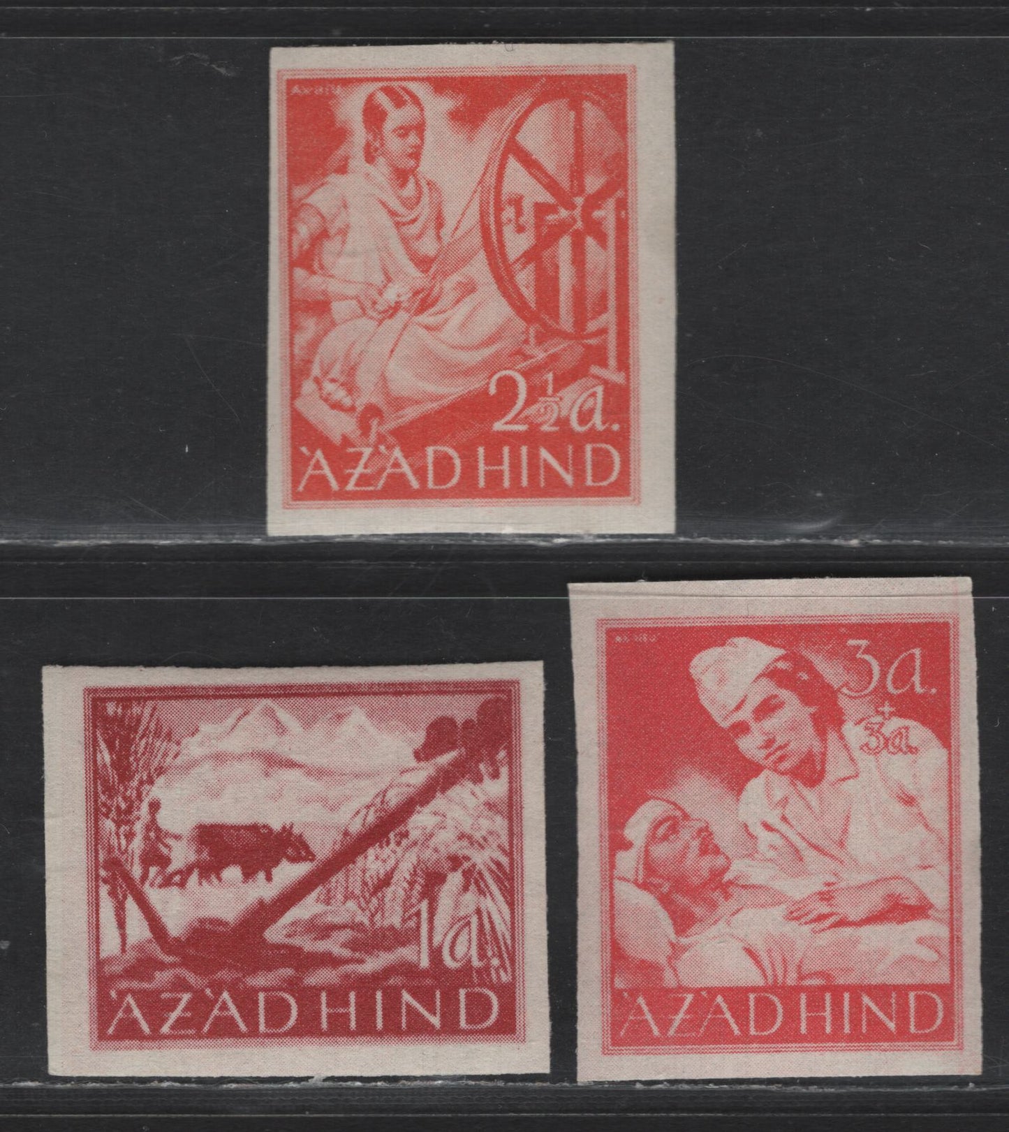 Lot 182 India MI#VIIIB-VIIIXB 1a Red Scenery, 1943 Liberation Issue, 2 F/VFOG Imperf Singles
