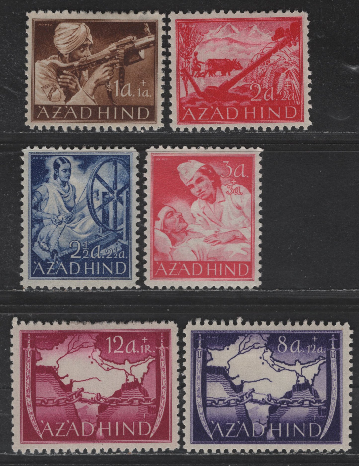Lot 183 India MI#IA-VIA 1a+1a - 12a+1r Brownish Black - Carmine Rose Scenery, 1943 Liberation Issue, 6 F/VFOG Singles