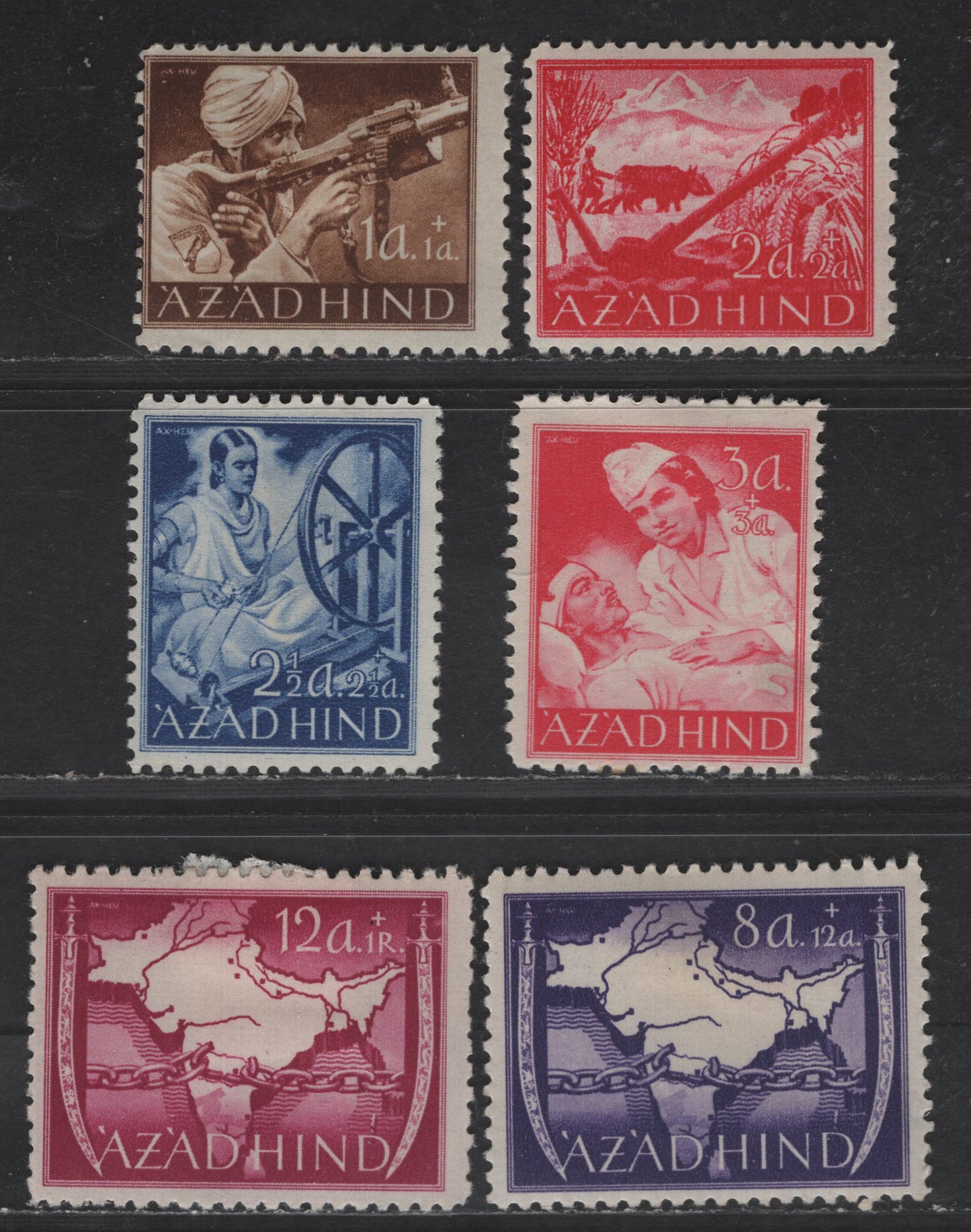Lot 184 India MI#IA-VIA - 12a+1r Violet India & Chains, 1943 Liberation Issue, 3 FOG Singles