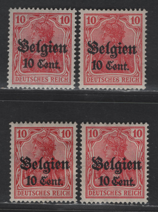 Lot 188 Belgium - German Occupation MI#14a, 14b, 14ci,14cii (SC# N14var) 10c Carmine Red, Lively Carmine & Lilac Red Portrait, 1916-1918 German Occupation Issue, 4 VFOG Singles, All Three Overprint Settings, 0.8mm, 1mm  & 1.1mm Between '10' & 'Cent'