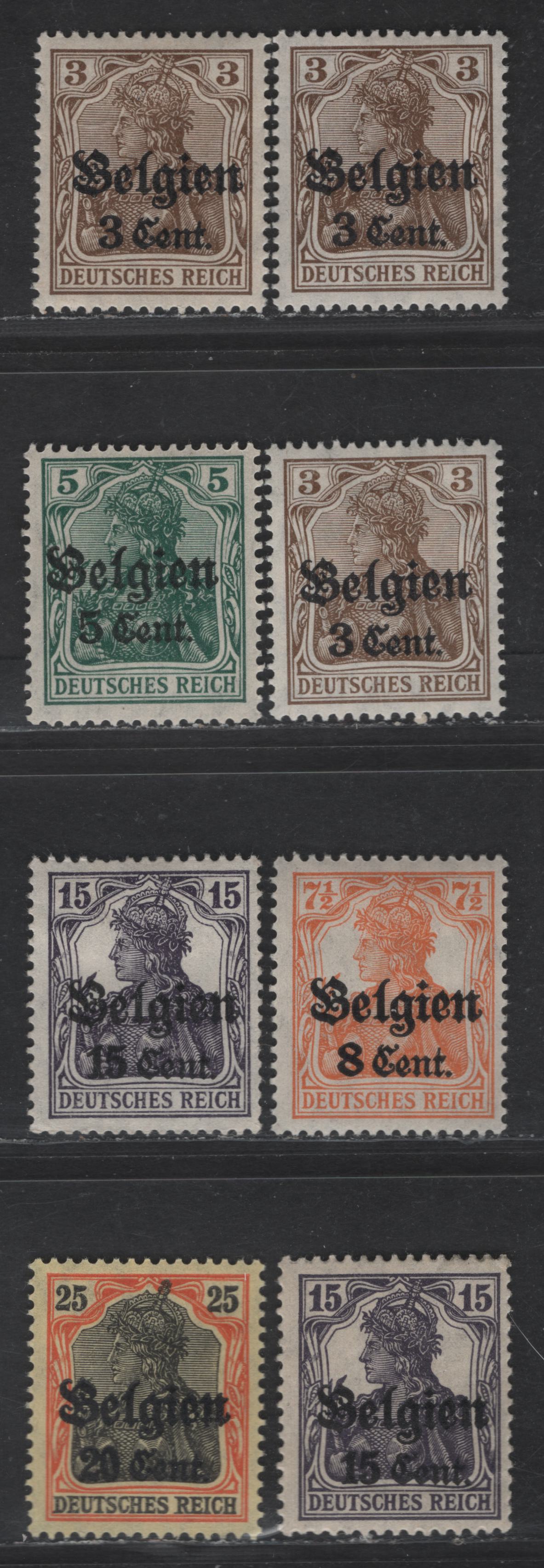 Lot 194 Belgium - German Occupation SC#N11-N13, N16-N17 3c on 3pf - 20c on 25c Brown - Orange & Black on Yellow Portrait, 1916-1918 German Occupation Issue, 8 VFOG Singles, Wartime & Peacetime Printings, Common 0.8mm and 0.9mm Overprint Settings