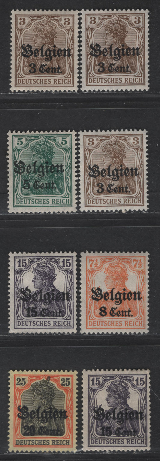 Lot 194 Belgium - German Occupation SC#N11-N13, N16-N17 3c on 3pf - 20c on 25c Brown - Orange & Black on Yellow Portrait, 1916-1918 German Occupation Issue, 8 VFOG Singles, Wartime & Peacetime Printings, Common 0.8mm and 0.9mm Overprint Settings