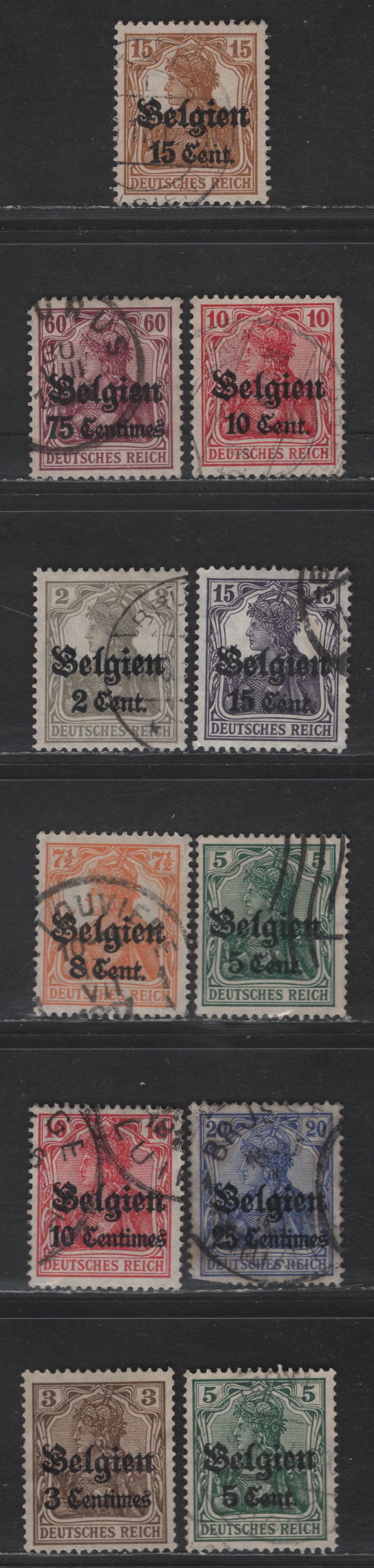Lot 197 Belgium - German Occupation SC#N1-N4, N6, N10, N12-N16 3c on 3pf - 15c on15pf Brown - Dark Bluish Violet Portrait, 1914-1918 German Occupation Issue, 11 Fine/Very Fine Used Singles, Common 0.8mm or 0.9mm Spacings On The Second Issue