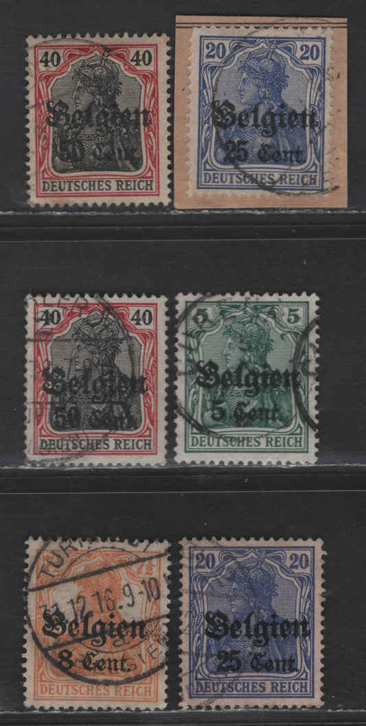 Lot 199 Belgium - German Occupation MI#12II, 13aII,18a,d, 20a, 20bII (SC# N12-N13,N18, N20) 5c on 5pf - 50c on 40pf Green - Dark Carmine Red & Black Portrait, 1916-1918 German Occupation Issue, 6 Very Fine Used Singles