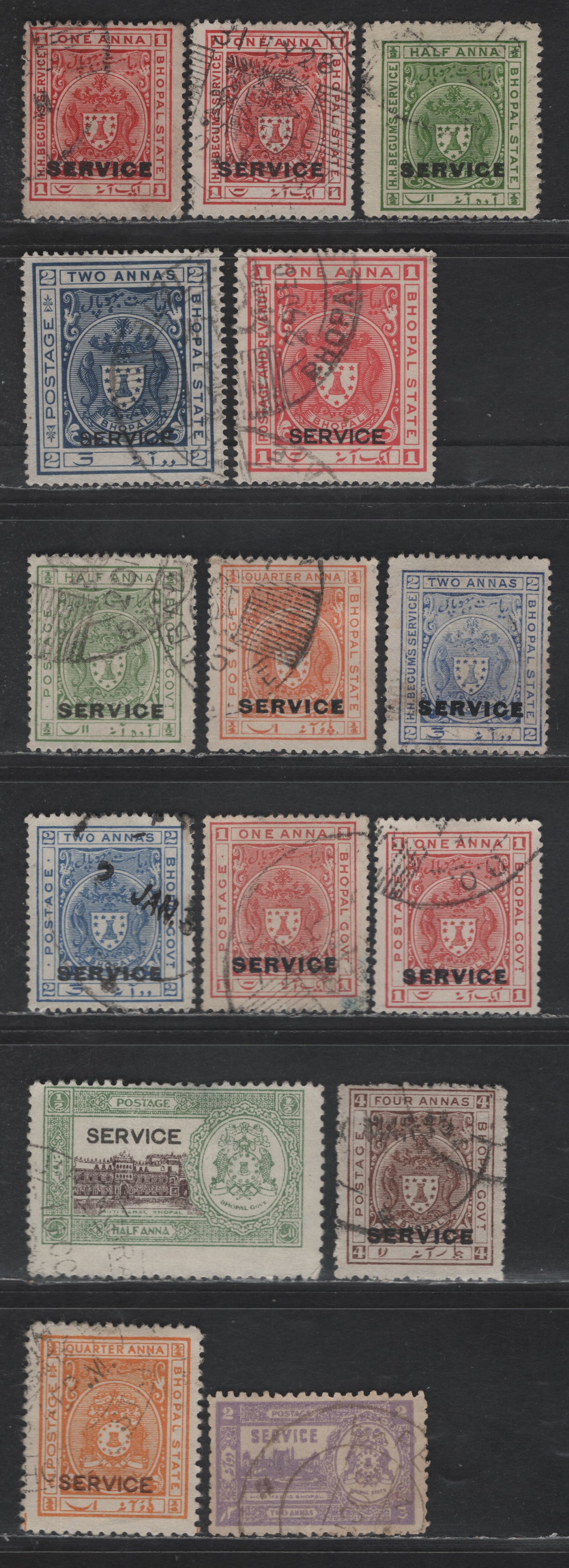 Lot 202 India - Bhopal SG#O301-O302,c, O303, O310-O311, O313b, O314-O317,O336, O348d, O333 1/2a - 2a Yellow Green - Mauve Arms, 1908-1911 Engraved Arms With Service Overprinted - Moti Masjid Official Issues, 14 Fine/Very Fine Used Singles