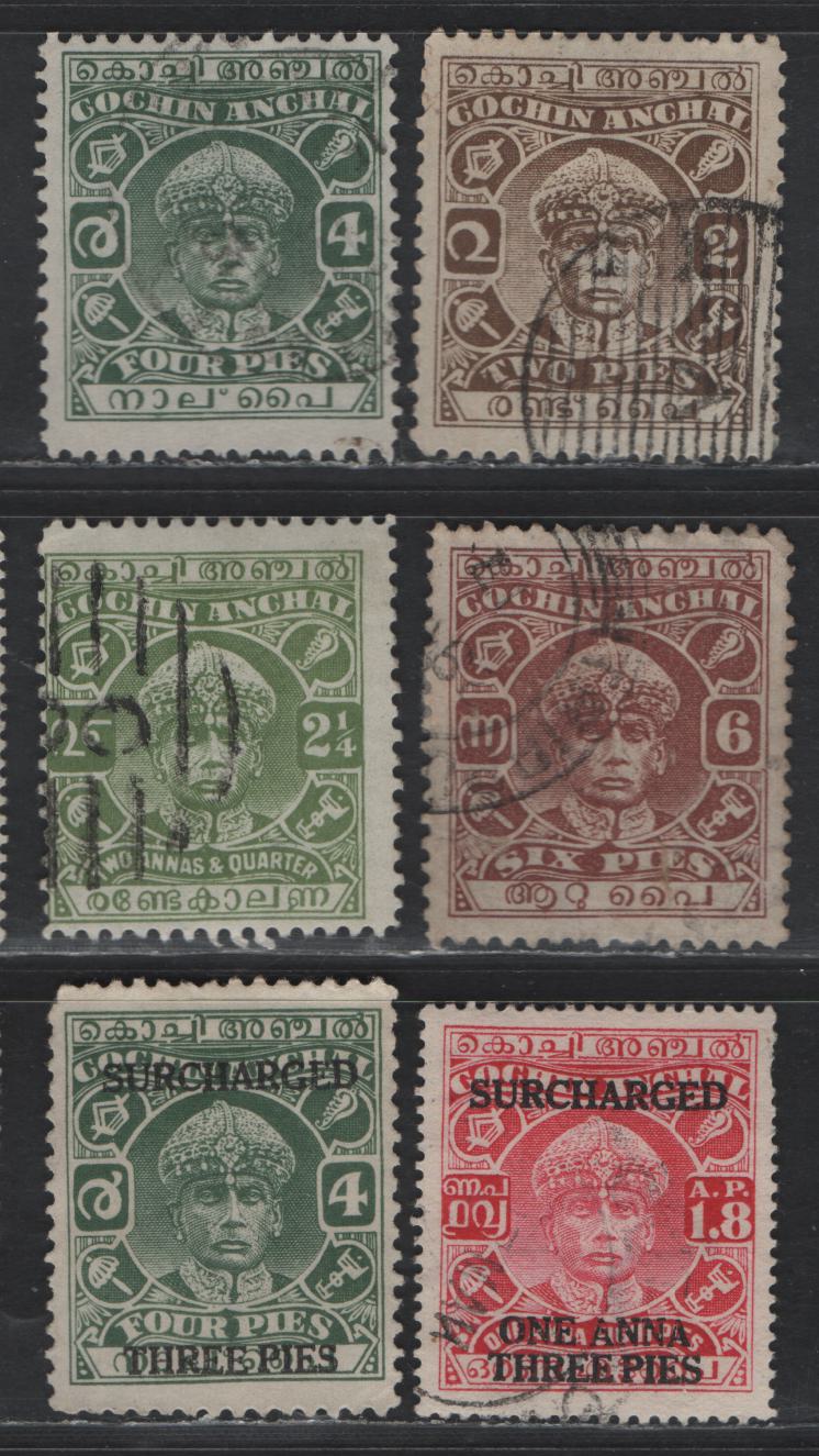 Lot 209 India - Cochin SG#67-69, 71, 78-79 2p - 3p on 4p Brown - Gray Green Maharaja Rama Varma III, 1938-1944 Lithographed Maharaja Rama Varma III - Surcharged Engraved Issues, 6 Fine/Very Fine Used Singles