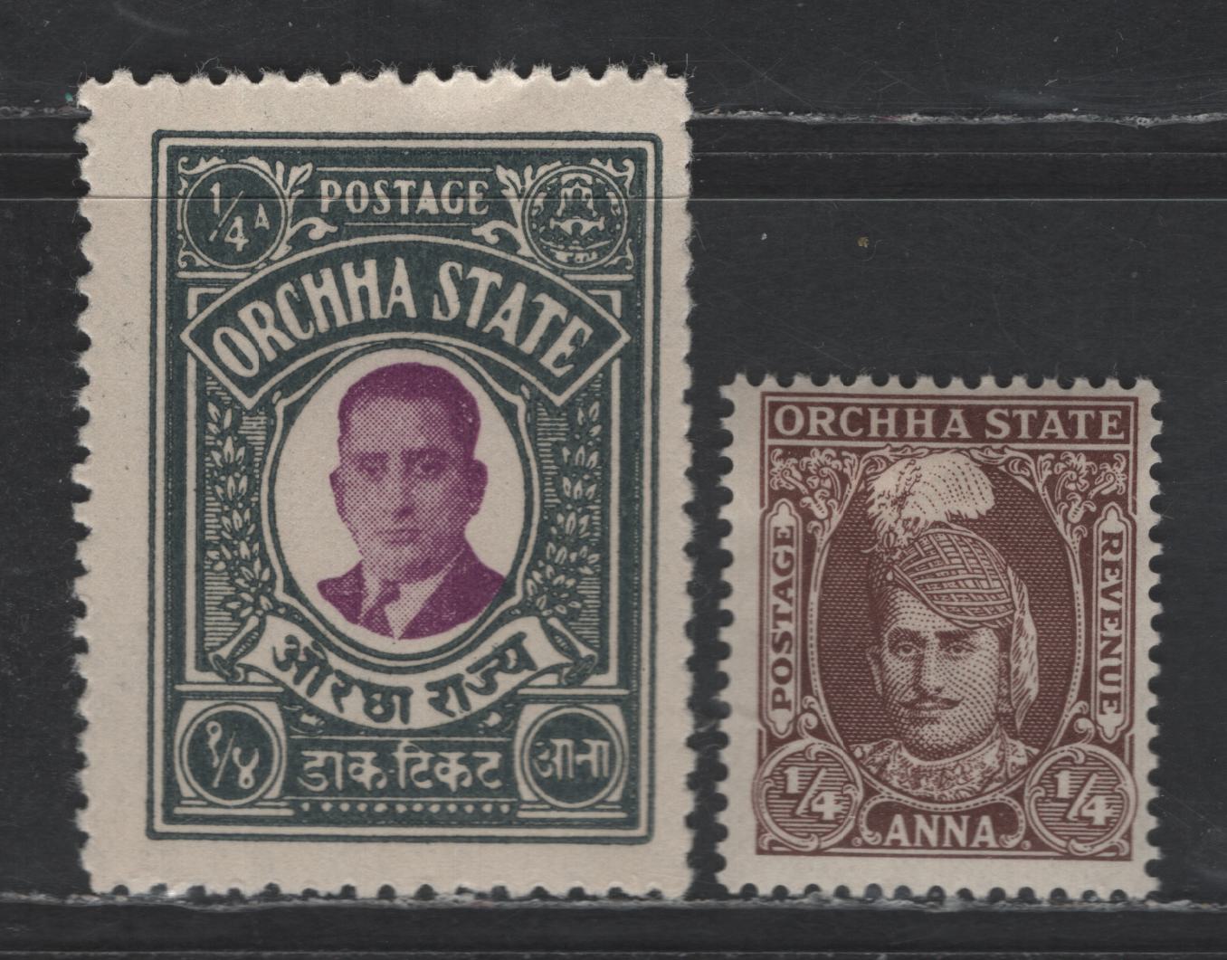 Lot 233 India - Orchha SG#8b, 31 1/4a Purple & Slate - Chocolate Maharaja Vir Singh II, 1935-1942 Maharaja Vir Singh II Issue, 2 FOG Singles, 8b Is Perf 11, Ordinary Paper