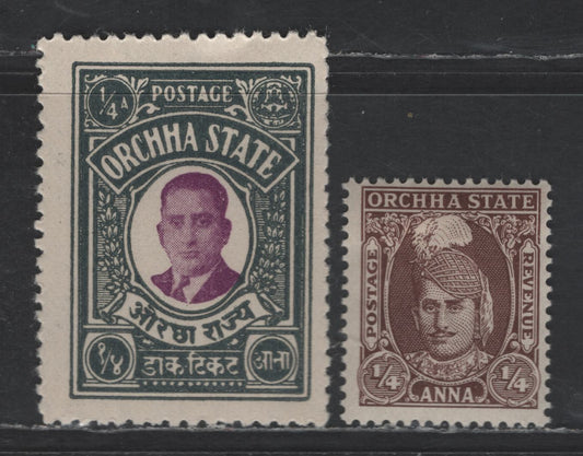 Lot 233 India - Orchha SG#8b, 31 1/4a Purple & Slate - Chocolate Maharaja Vir Singh II, 1935-1942 Maharaja Vir Singh II Issue, 2 FOG Singles, 8b Is Perf 11, Ordinary Paper