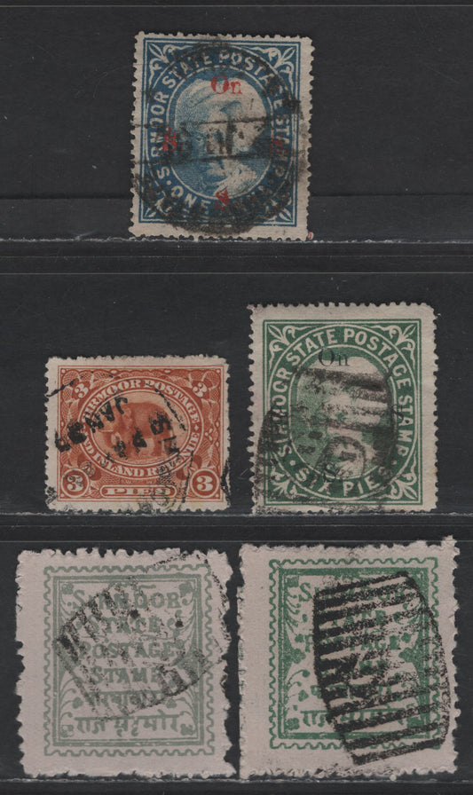 Lot 234 India - Sirmoor SG#3c, 4, 22, 55, 59 1a - 6p Blue - Green Raja Shansher Perkash & Elephant, 1892-1899 Raja Shansher Perkash, Elephant & Reprint Issues, 5 Fine Used Singles, 1a Overprint Type 12, Antique Letters & 'S' Same Size As the 'O'