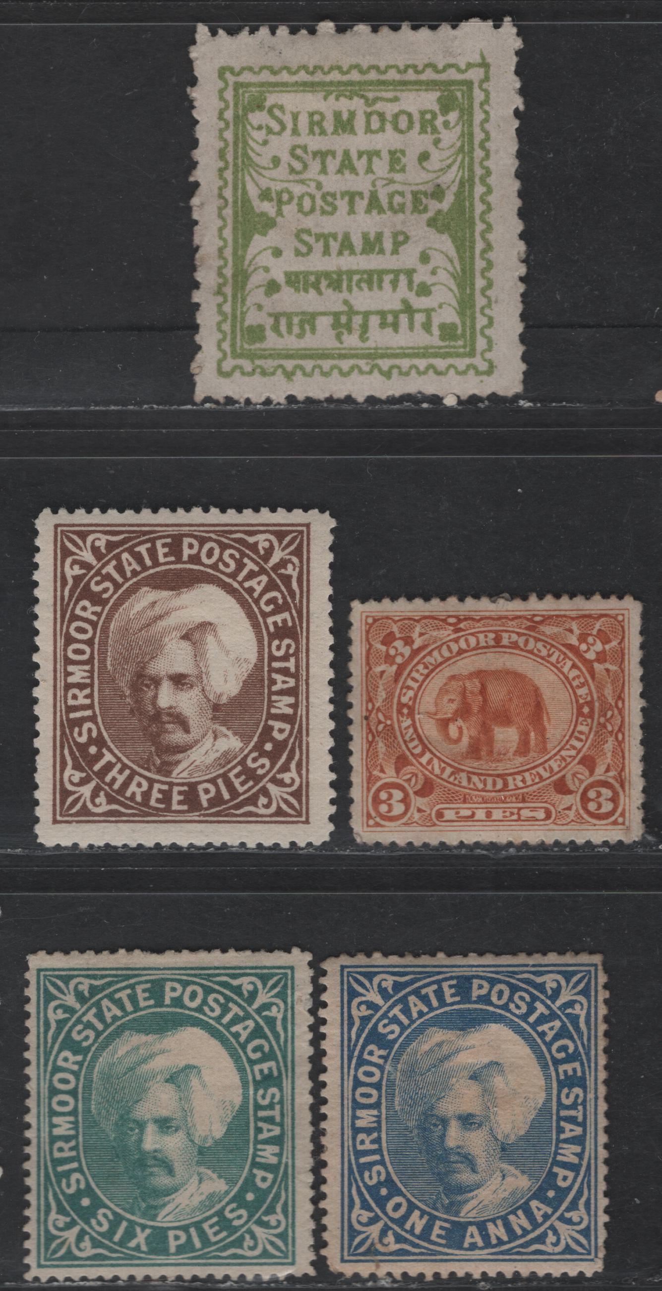 Lot 235 India - Sirmoor SG#3, 5, 8a, 7, 22 1p - 3p Yellow Green - Orange Brown Raja Shansher Perkash & Elephant, 1892 Raja Shansher Perkash, Elephant & Reprint Issues, 5 F/VFOG & Unused Singles, 1a & 3p have Gum, Others Are Unused