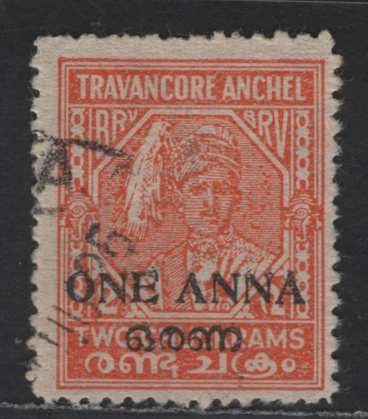 Lot 261 India - Travancore Cochin SG#4e 1a on 2ch Orange Scenery, 1949 Surcharge Issue, A Fine Used Single