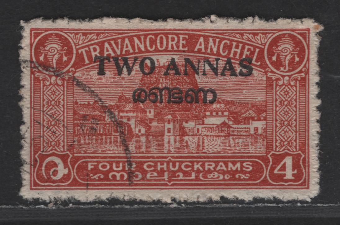 Lot 262 India - Travancore Cochin SG#5e 2a on 4ch  Red Scenery, 1949 Surcharge Issue, A Very Fine Used Single, Compound Perf 12 & 12.5