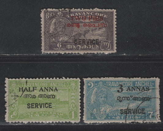 Lot 265 India - Travancore Cochin SG#O1f, O3d, O6 2p on 6a - 3a on 7ch Blackish Violet - Blue Scenery, 1949-1950 Service Overprint On Surcharge Issue, 3 Fine/Very Fine Used Singles, Scarce Overprint Type O1